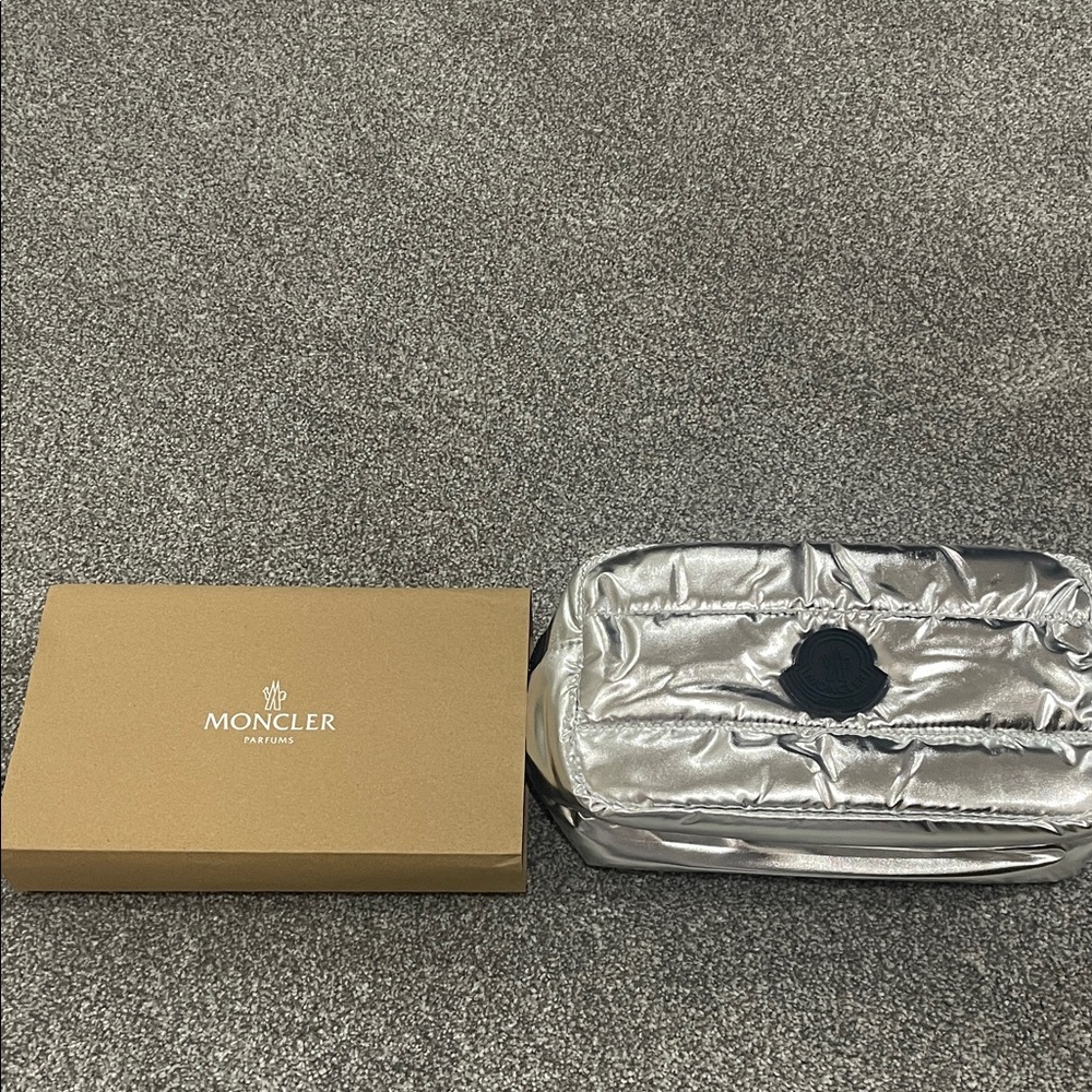 Moncler Metallic Silver Quilted Pouch 100% Authentic